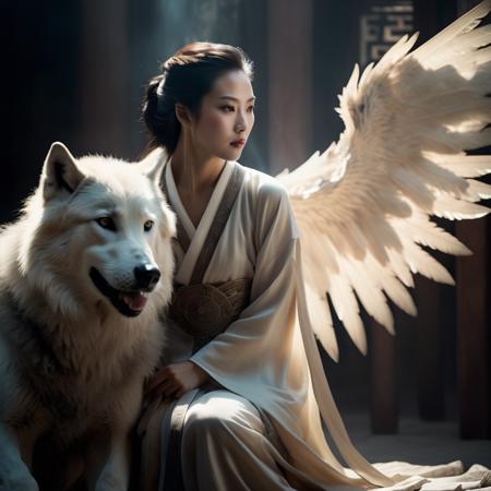 00089-2229538572-beautiful ancient chinese woman, interstitial, 1girl, wings, dire wolf, soft light, neutral colour, side light.png